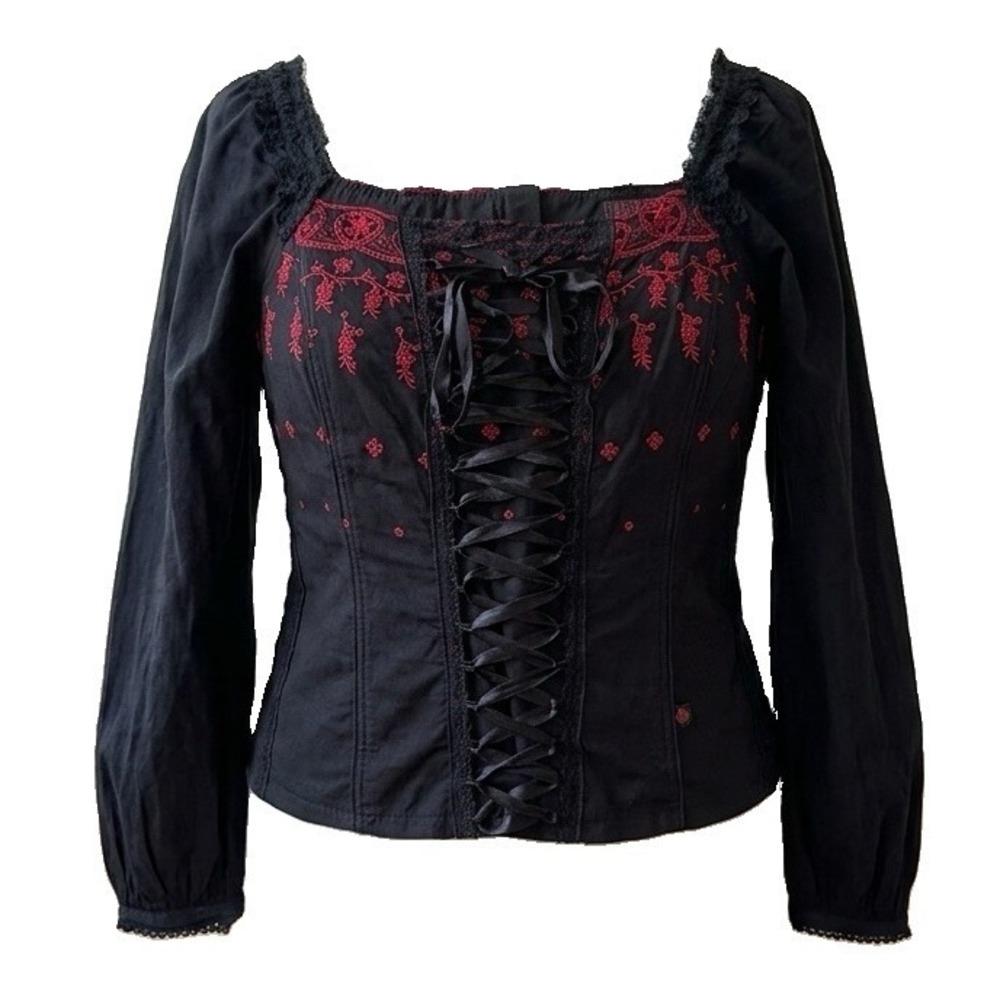 VTG Tripp NYC Corset Top L/XL Embroidered Peasant Vamp Milkmaid Black Red Goth